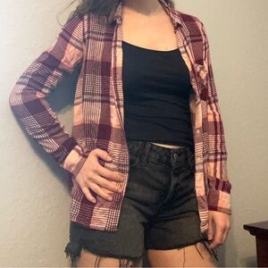 SO Plaid Long-Sleeved Button-Up Top Pink Purple Blue White Women’s Size M